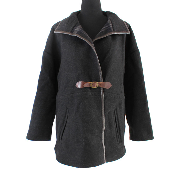 Sandro Charcoal Gray Wool Brown Leather Buckle Jacket 1 Plaid Lined Over Coat - Picture 1 of 7